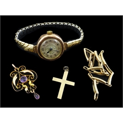  Swiss 9ct rose gold wristwatch, case by City Watch Case Co Ltd, London 1924 on gold-plated expanding bracelet, rose gold wristwatch expanding bracelet, gold amethyst pendant and gold cross, all stamped 9ct/9c    