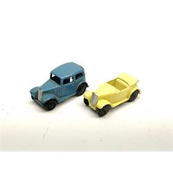Dinky - seven unboxed and playworn die-cast cars comprising Studebaker, Ford Sedan, Rover 75, Vanguard, Austin Somerset and two Austin Devons; together with two Dublo size scale cars (9)