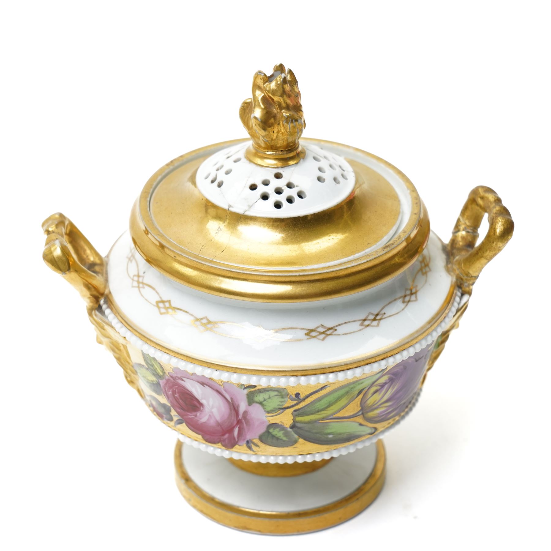 Pair of early 19th century potpourri, possibly Swansea, with twin gilt mascaron handles, the body painted with flowers on a gilt ground, spurious mark in red to base, H13cm  