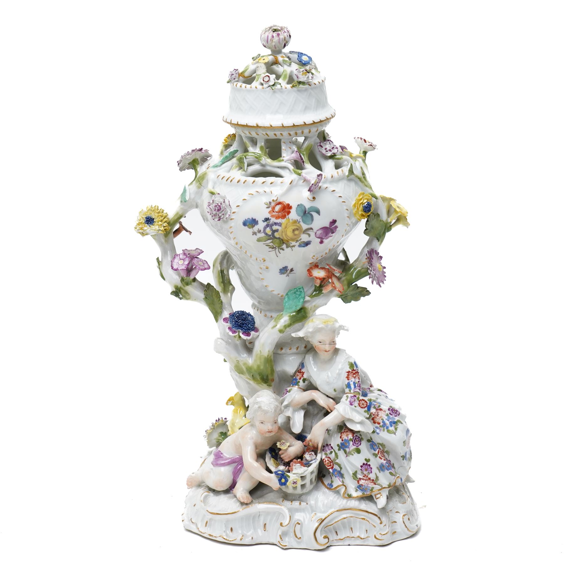 19rh century German porcelain centrepiece with pierced cover decorated with applied flowers and figures at the base H31cm,  near pair of scent flasks with applied flowers and a two-handled vase
