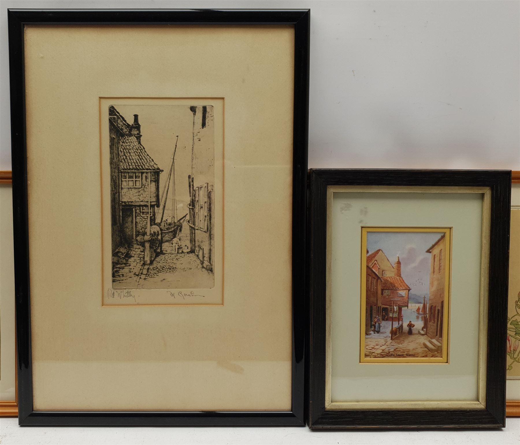 Chinese School (20th century): Birds and Flowers, set five watercolours on silk 18cm x 12cm, an etching of Tin Ghaut Whitby and a print of the same subject max 21cm x 13cm (7)