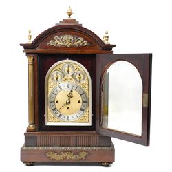 Late 19th century bracket clock with three train movement, Westminster Chimes on eight bells and gong strike, the brass dial inscribed 'Webber Liverpool' with gilt brass mounts in mahogany dome top case with pineapple finial, brass handles and classical columns on compressed circular feet H76cm
