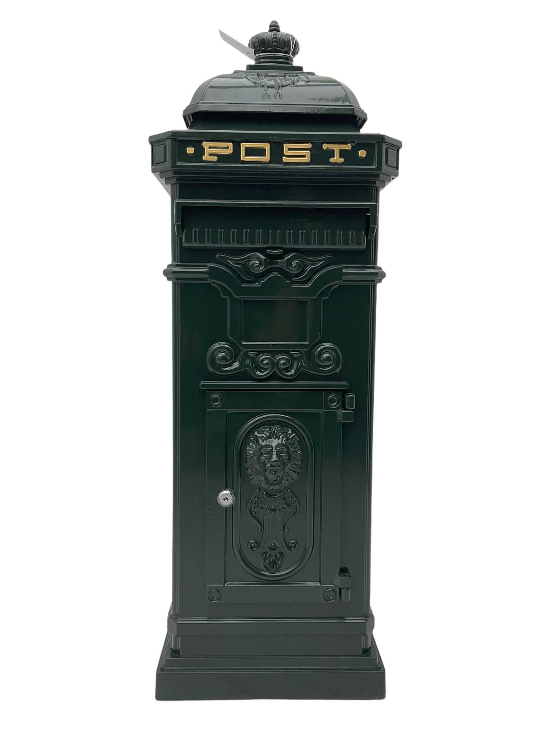 Victorian style cast aluminium green painted post / mail box, with keys
