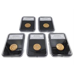 Five King George V gold full sovereign coins, dated 1918, Bombay mint, 1919, Ottawa mint, 1925, London mint, 1931, Perth mint and 1932 Pretoria mint, cased to form the 'King George V Last Colonial Sovereign Collection'