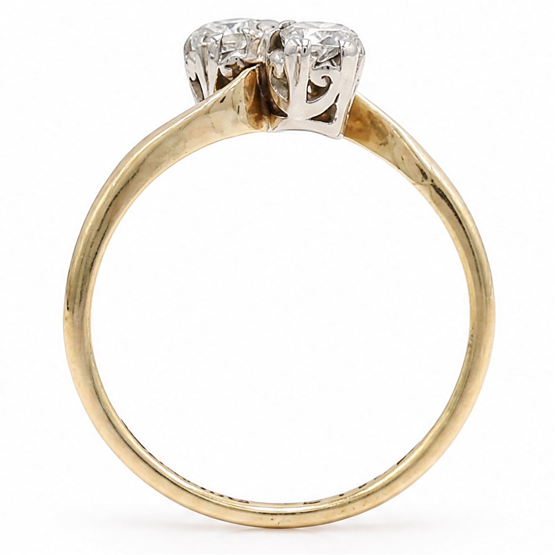 18ct gold diamond ring, crossover set with two round brilliant cut diamonds, Birmingham 1966, total diamond weight approx 0.30 carat