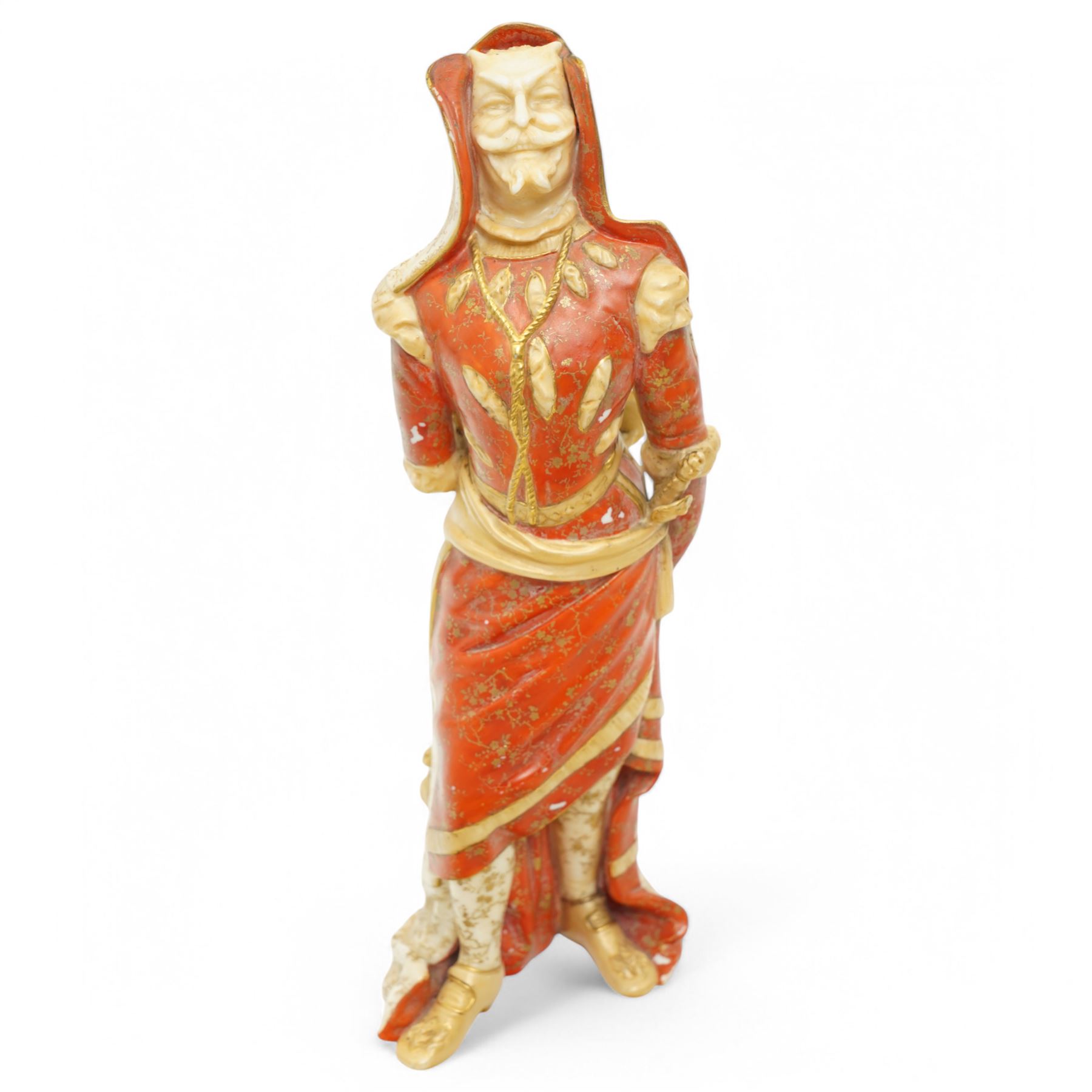 Doulton Burslem 'Mephistopheles and Marguerite' Vellum double-sided figure, the obverse formed as a smiling demon, the reverse formed as a woman with a book and flower, decorated in orange and gilt to one side and in gilt to the other, printed green mark to base, H30cm 