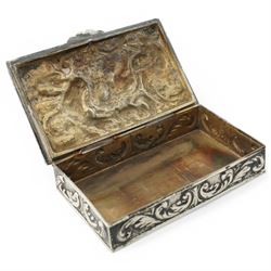 Spanish rectangular silver box, the hinged cover embossed with a hunting scene 9.5cm x 6cm 915 fineness mark and a silver decanter label 'Brandy'