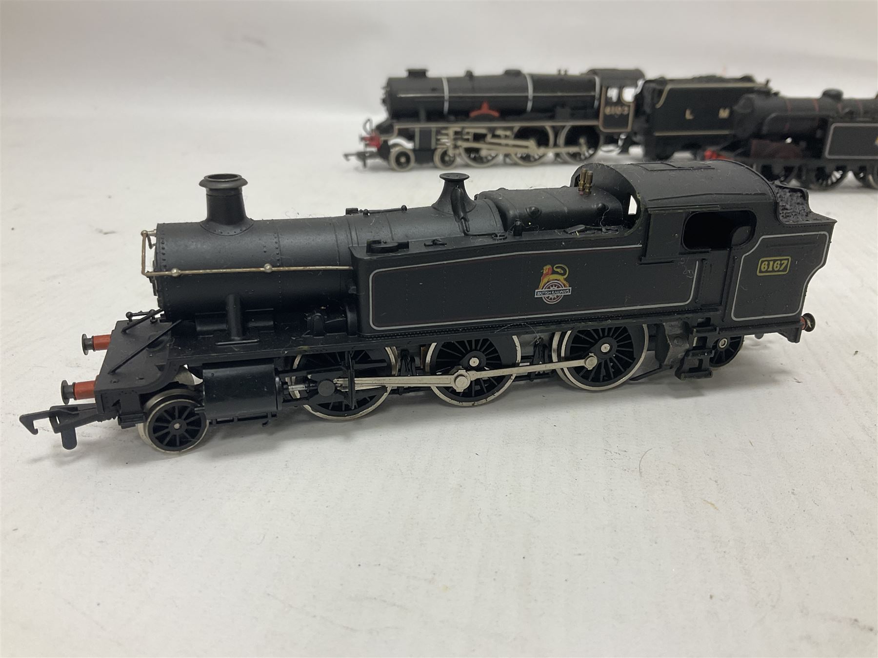 Airfix ‘00’ gauge - seven locomotives comprising Class 7P (Royal Scot) ‘Royal Scots Fusilier’ 4-6-0 no.6103 in LMS black with Mainline tender; two Class N2 0-6-2T no.69531 in BR black; Class 1282 2-4-0 no.20185 in LMS black; Class 61XX 2-6-2T no.6167 in BR black; Class 14XX 0-4-2T no.1466 in GWR green, all unboxed; Class 4F 0-6-0 no.4454 in LMS black, in original box (7)