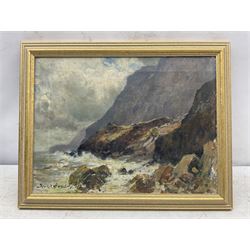 Owen Bowen (Staithes Group 1873-1967): Rocks near Ravenscar, oil on canvas signed 30cm x 40cm