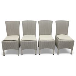 Neptune – Sheldrake limed oak extendable dining table and eight Havan loom chairs, the oval top in limed oak finish with four additional leaves extending the table to seat up to ten (Extends to cm), raised on turned legs with two additional centre supports, the matching Havan loom chairs finished in grey with cream upholstered seat covers (H 95cm, W 47cm, D 55cm)