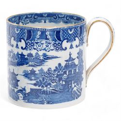 Early 19th century pearlware blue and white willow pattern tankard, possibly Swansea Pottery, together with another 19th century pearlware tankard (2)