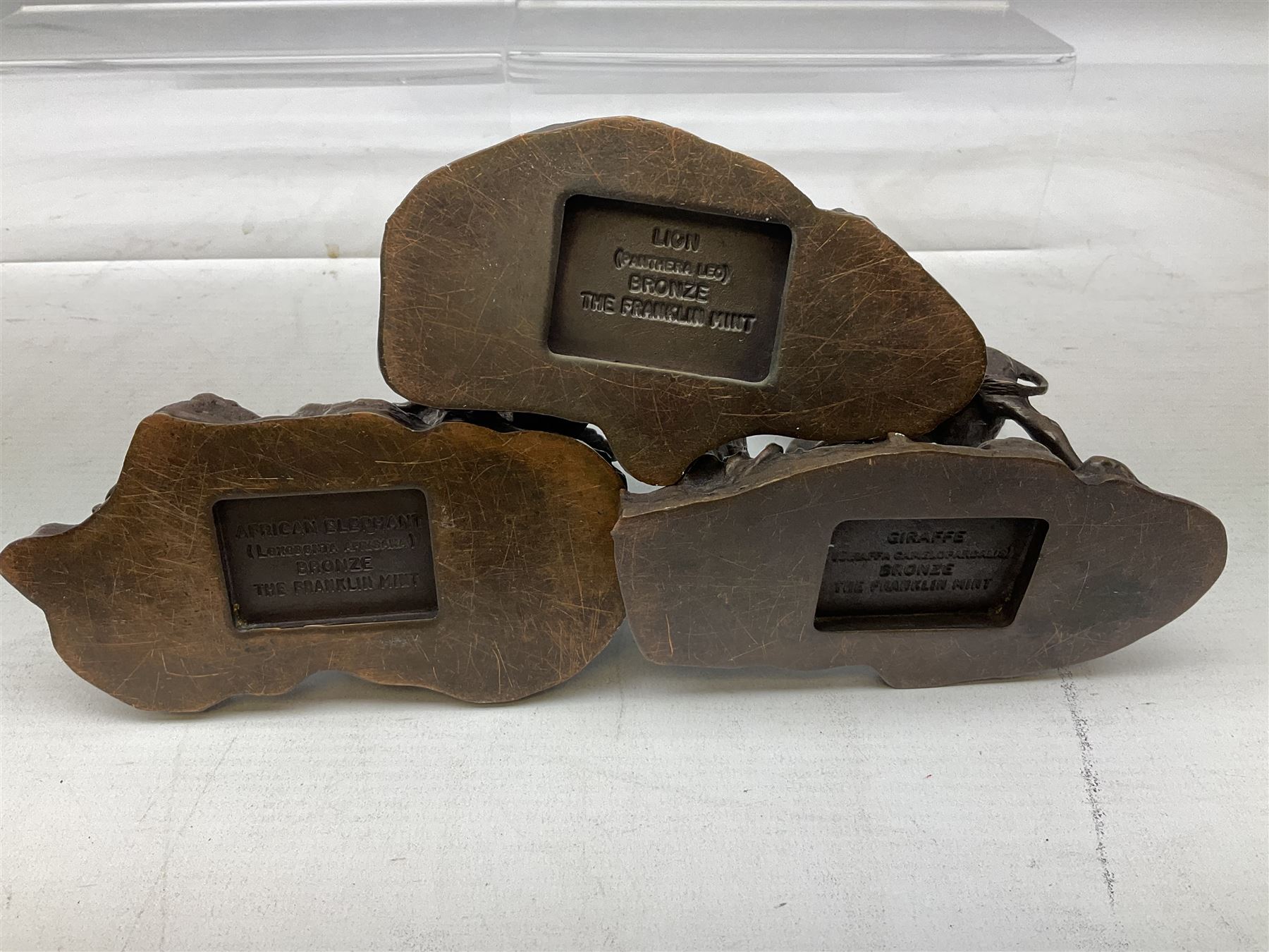 Six Franklin Mint bronze models of African animals, comprising Lion, Black Rhinoceros, Greater Kudu, Cheetah, Giraffe and African Elephant, tallest example H14cm