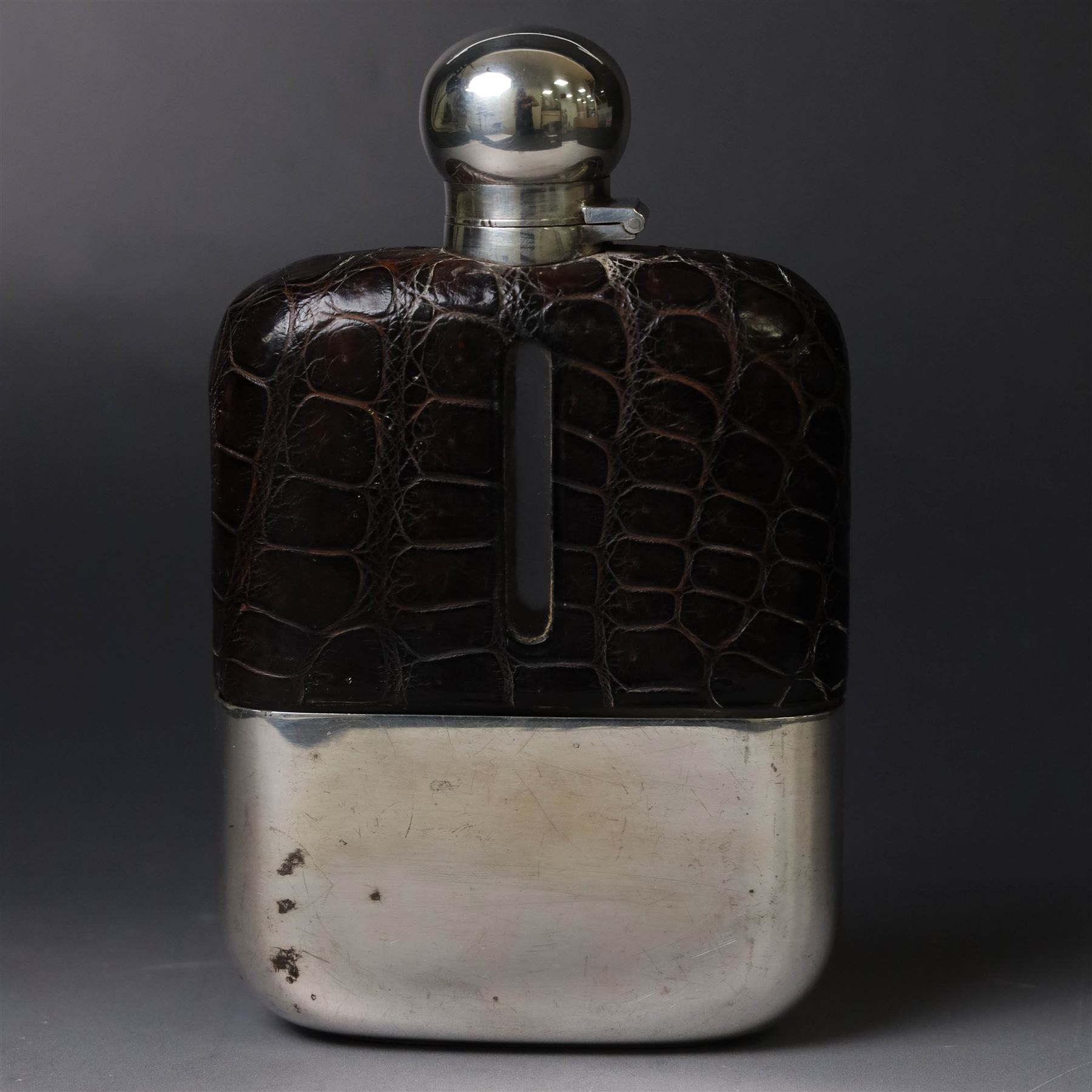 Early 20th century silver and leather mounted glass hip flask, with silver cover and removable silver cup engraved with name and date, hallmarked James Dixon & Sons Ltd, Sheffield 1919, H15cm