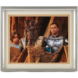 Signed Star Wars prints, comprising Rogue One Cineworld poster signed by Spencer Wilding (Darth Vader), portrait of Lando Calrissian signed by Billy Dee Williams, still of Boba Fett and Jango Fett signed by Daniel Logan and Temuera Morrison and a still of Darth Maul signed by Ray Park, R2-D2 signed by Kenny Baker and a C-3PO montage signed by Anthony Daniels, all framed 