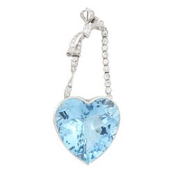 Platinum aquamarine and diamond pendant / brooch, the large faceted heart cut aquamarine, mounted within an openwork heart design gallery, suspending from a polished and milgrain set old cut diamond pendant, with bow design brooch top, set with further old cut diamonds and a single marquise cut diamond, in fitted velvet and silk lined box by Bloom & Sons, London, aquamarine approx 55.00 carat, total diamond weight approx 0.60 carat