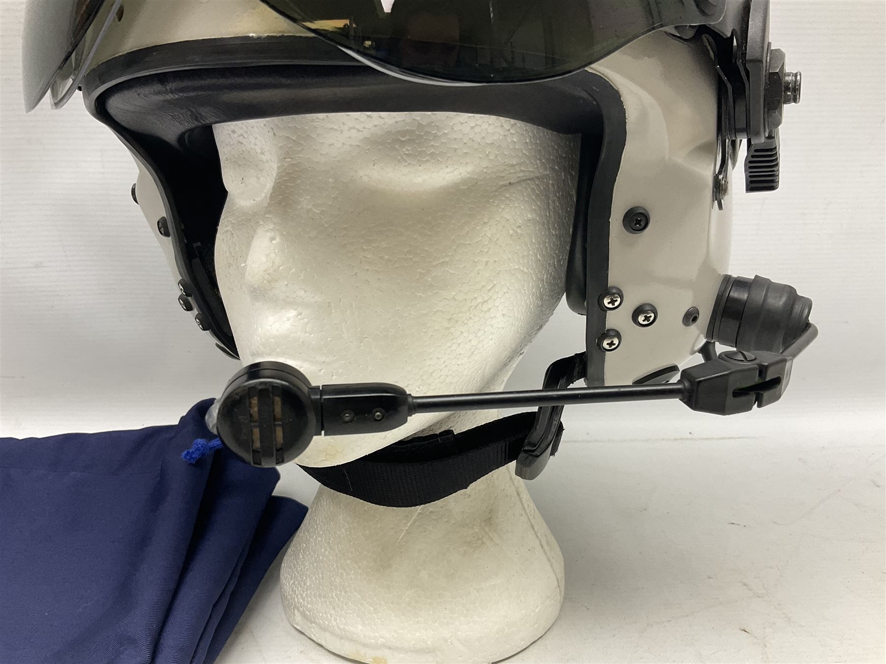 RAF Alpha MK 10B helicopter pilot's flying helmet; fully reconditioned with all avionics tested as working; finished in RAF satin grey with new visor, visor cover and boom microphone; small size; in blue cloth carrying bag