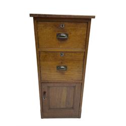 19th century mahogany filing cabinet, fitted with two drawers over panelled cupboard, on plinth base
