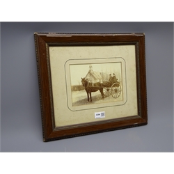  Photographs - Study of an 0-2-0 Steam Engine and four workmen, with plate for ? Thorne, Newcastle on Tyne, Horse & Trap inscribed Goole Road Rawcliffe, Prize Bull, Crew of HMS Blenheim, Hull Brewery Dray Horses c1901, 28cm x 35cm max (5)  