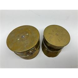 Two WWI brass trench art peaked caps made from shell cases, stamped 1916 and 1917, largest D10cm