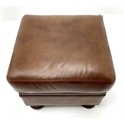 Three seat studded tan leather sofa, scrolling arms, turned supports (W190cm) with matching two seat (W155cm) armchair (W100cm) and footstool 
