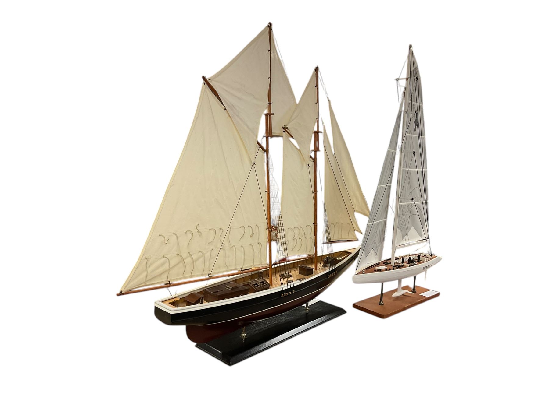 Two yacht models, together with frame International Code of Signals and another framed diorama, largest yacht, H95cm