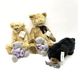 Gund limited edition teddy bear 'Tyler' No.34/425 with open mouth, jointed limbs and card label H43cm; and F.J. Hannay 'One of a kind' teddy bear 'Preston' with label; Armstrong Group Pacific Salmon black bear with fish; and two 'Me To You' bears (5)