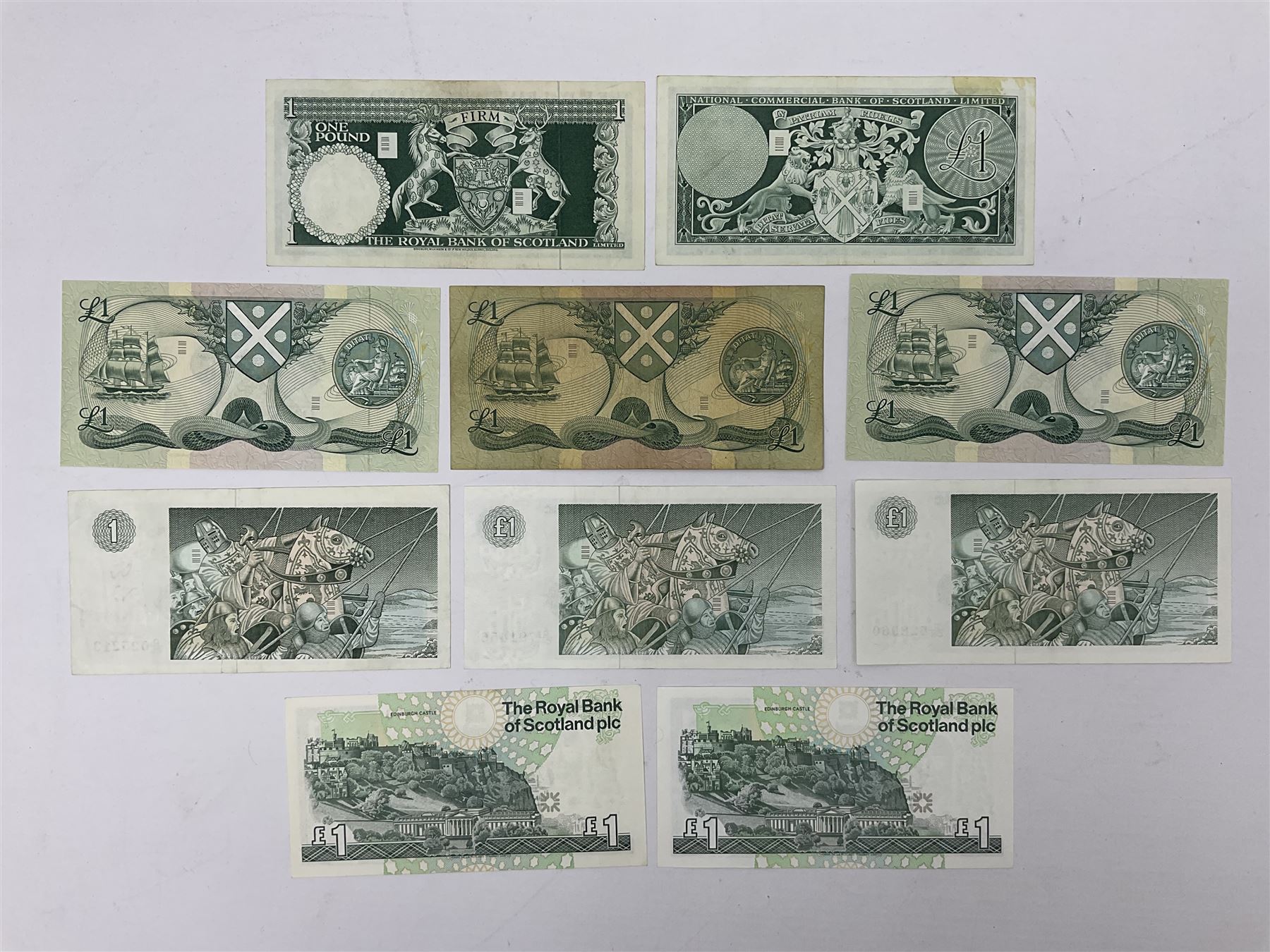 Irish and Scottish banknotes to include Bank of Ireland 5 January 1939 ‘B15’ one pound, two Bank of Scotland 1964 ‘AD07’ and ‘AF05’ one pound notes, one 1966 ‘CQ77’ one pound, and further notes from Clydesdale Bank, National Commercial Bank of Scotland Ltd. etc, housed in plastic sleeves