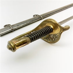 Early 19th century French Officer's sword, 85cm double edged triple fullered blade inscribed with French armourer's mark and dated 1816, brass hilt by Rouart a Paris (1825-1850) with open foliate decoration and ebony grip, steel scabbard, overall 102cm