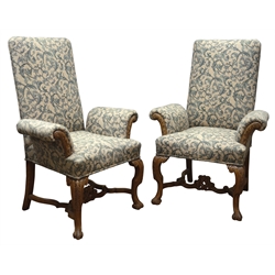  Pair of George lll style upholstered armchairs, plain backs and curved arms on acanthus and scroll carved oak supports joined by curved stretcher with pierced cresting, H114cm, (2)  