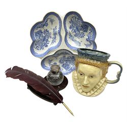 Edwardian ink stand with inlaid decoration, together with a glass inkwell with air bubble inclusions, Royal Worcester trio dish in Willow pattern and a Queen Elizabeth I character jug