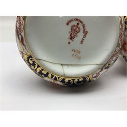 Pair of Royal Crown Derby 6299 imari pattern miniature vases, together with a miniature pitcher and dish in 2451 imari pattern, all with printed marks beneath, vase H12cm 