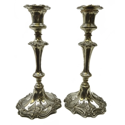  Pair Victorian Sheffield plate candlesticks with foliate scroll decoration and fluted stem, stamped J.R, H26cm (2)  