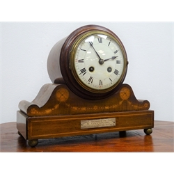  Edwardian inlaid mahogany mantel clock, drum head case with convex white Roman dial, twin train movement striking the half hours on a coil, presentation plaque for 1908 and brass ball feet, H23cm  