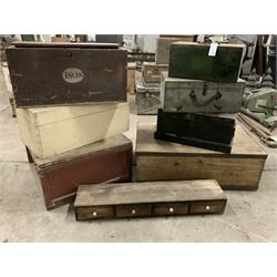 19th century metal bound pine box, five wooden boxes, tin box and vintage drawers - THIS LOT IS TO BE COLLECTED BY APPOINTMENT FROM THE OLD BUFFER DEPOT, MELBOURNE PLACE, SOWERBY, THIRSK, YO7 1QY