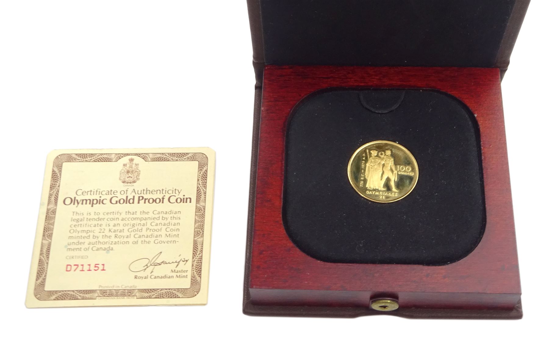 Canadian Olympic 100 dollars 22ct gold proof coin by the Royal Canadian Mint, boxed