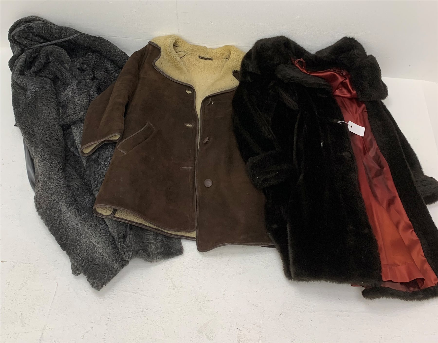 Grey Persian Lamb coat by Sixth Sense, Sheepskin coat, Astraka faux fur coat and two matching fur coats (5)