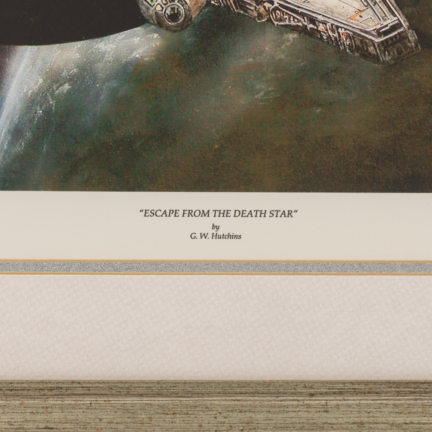 G.W. Hutchins: limited edition print 'Escape From The Death Star' signed by the artist, no. 95/650, framed with certificate of authenticity from Osbourne & Allen Ltd verso, artwork H30cm, W40cm