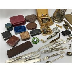 Various vintage jewellery boxes, cigarette case, costume jewellery including brooches, rings, watches etc, two amateur cricket league fobs, whistles with one marked 'J.Hudson & Co 13 Barr St Birmingham 1913 Hudson's Patent', pocket watch and other miscellaneous items 