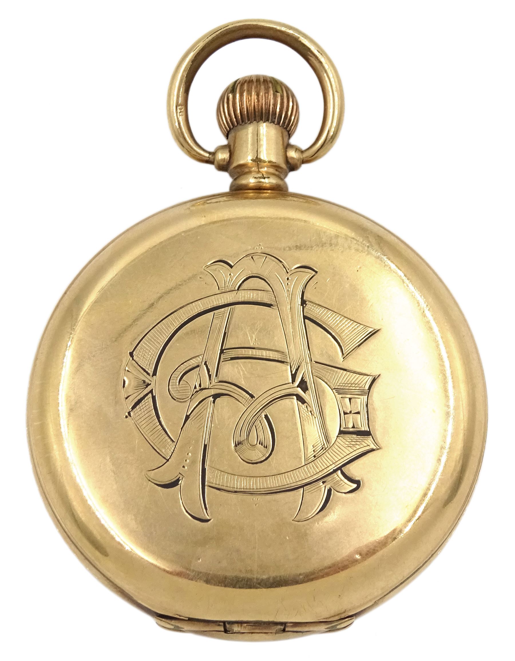 Early 20th century gold-plated full hunter 15 jewels keyless Preston Junior presentation pocket watch by Waltham, made for Preston Ltd, Boton, No. 22323684, white enamel dial with Roman numerals, the case monogrammed A G