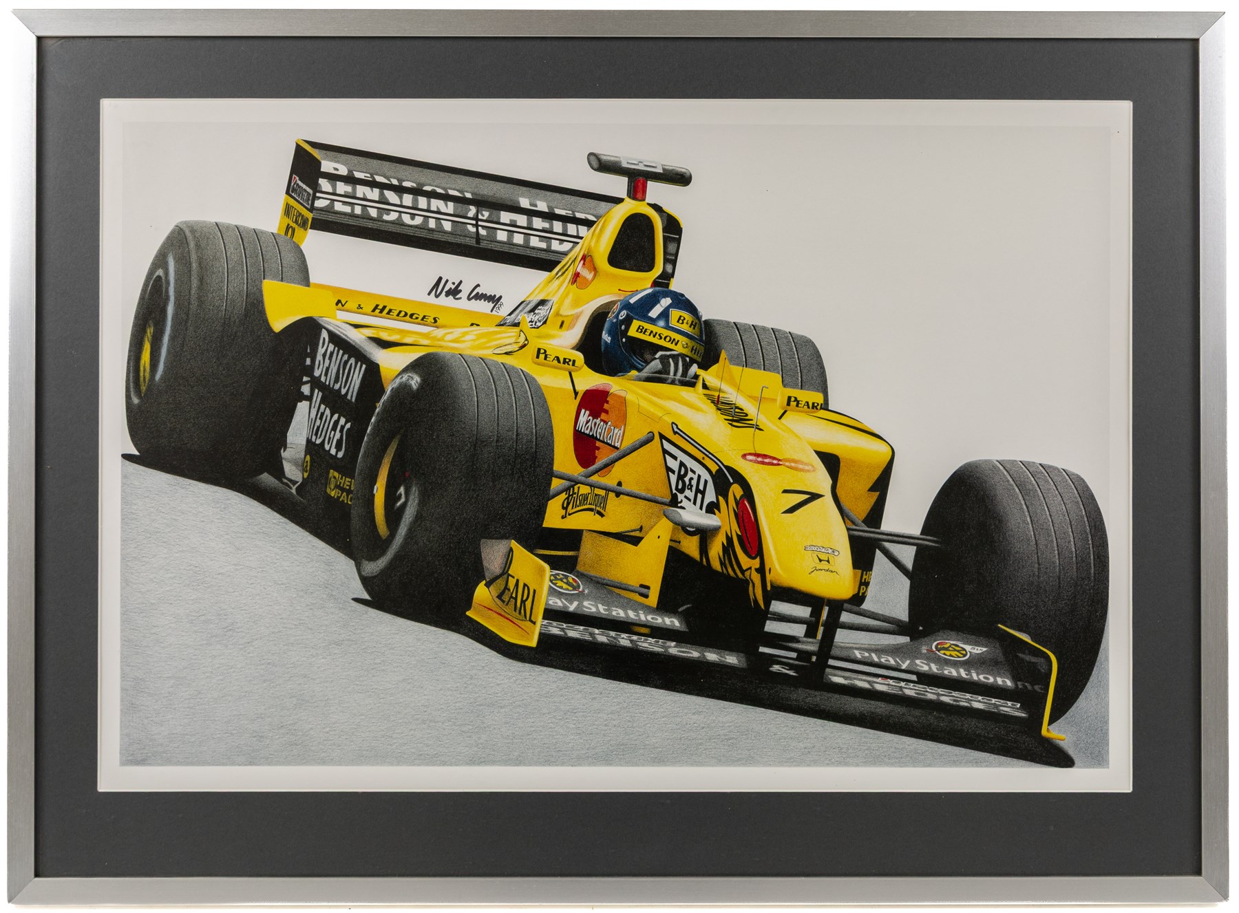 Four Formula 1 racing prints by Nik Curry, including a signed limited edition example, all within silver frames, H38cm, W59cm