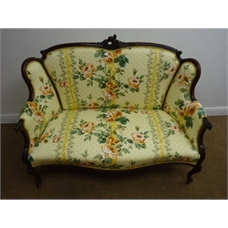  Late Victorian mahogany settee, moulded and acanthus caved frame with pierced scroll cresting, upholstered in Kenilworth fabric by Anne and Robert Swaffer, on cabriole legs with ceramic castors, H98cm,  W125cm, D55cm   