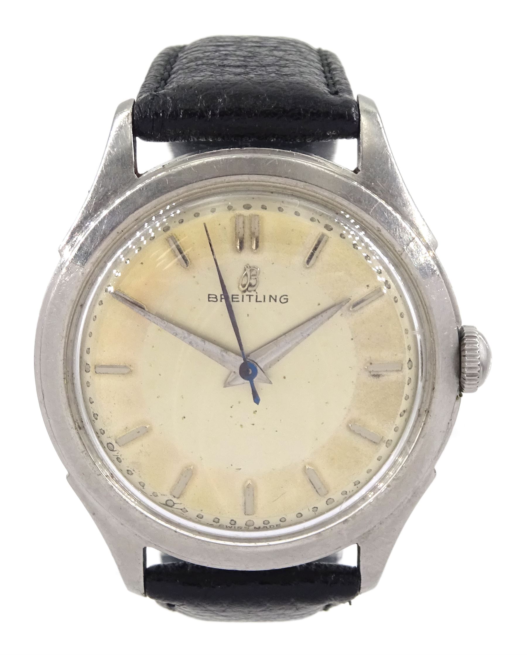 Breitling gentleman's stainless steel manual wind wristwatch, Ref. 2905 29, case No. 631598, on black leather strap