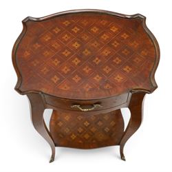 Small French inlaid marquetry and parquetry occasional table or bedside, the shaped top with raised moulded edge and chequered inlay top with crossbanding, fitted with single frieze drawer with gilt-metal handle, raised on cabriole supports united by undertier