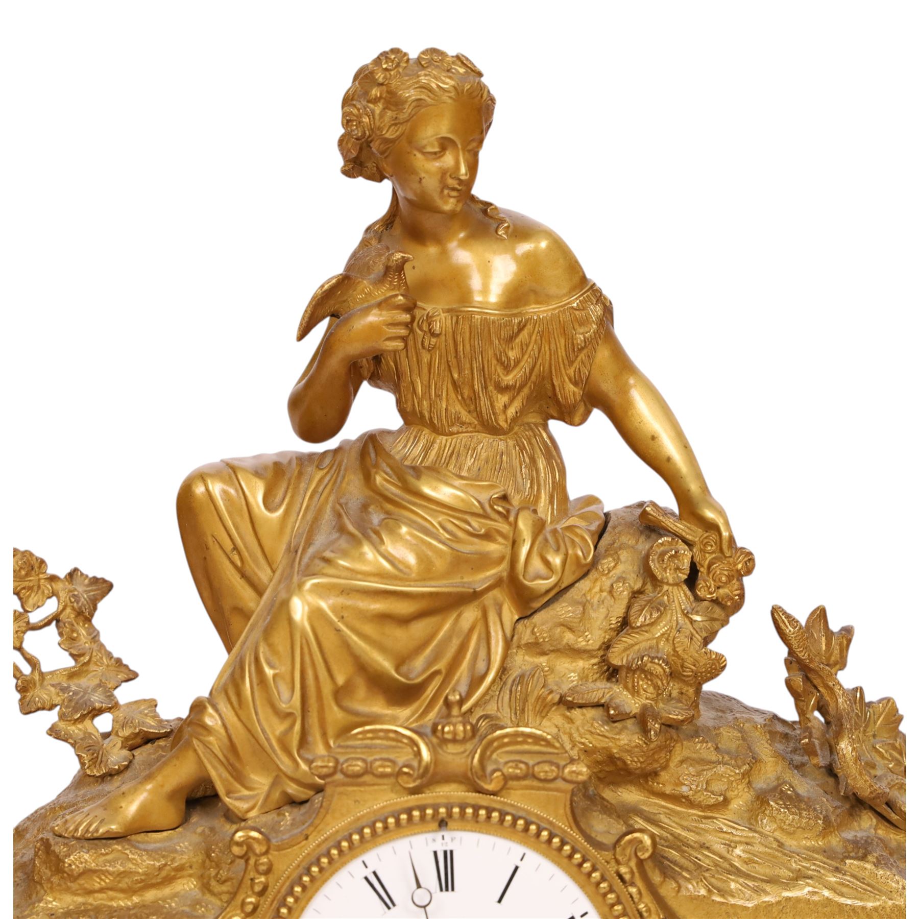 19th century French ormolu mantel clock, retailed by J & W Marshall, Paris, surmounted with a figure of in neo classical dress, with enamelled Roman dial marked James & Walter Marshall, H39cm 