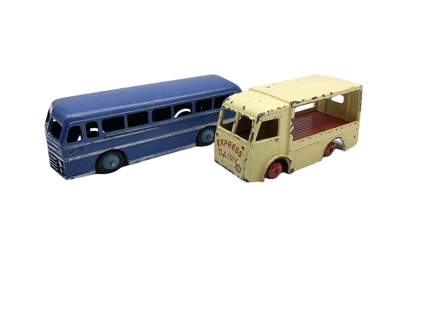Dinky - six unboxed and playworn die-cast models comprising AA Motorcycle Patrol; Duple Roadmaster Leyland Royal Tiger; Supertoys Foden Tanker; Austin Wagon 'Eat More Buy More'; crane wagon with searchlight; and N.C.B. Electric Van (6)