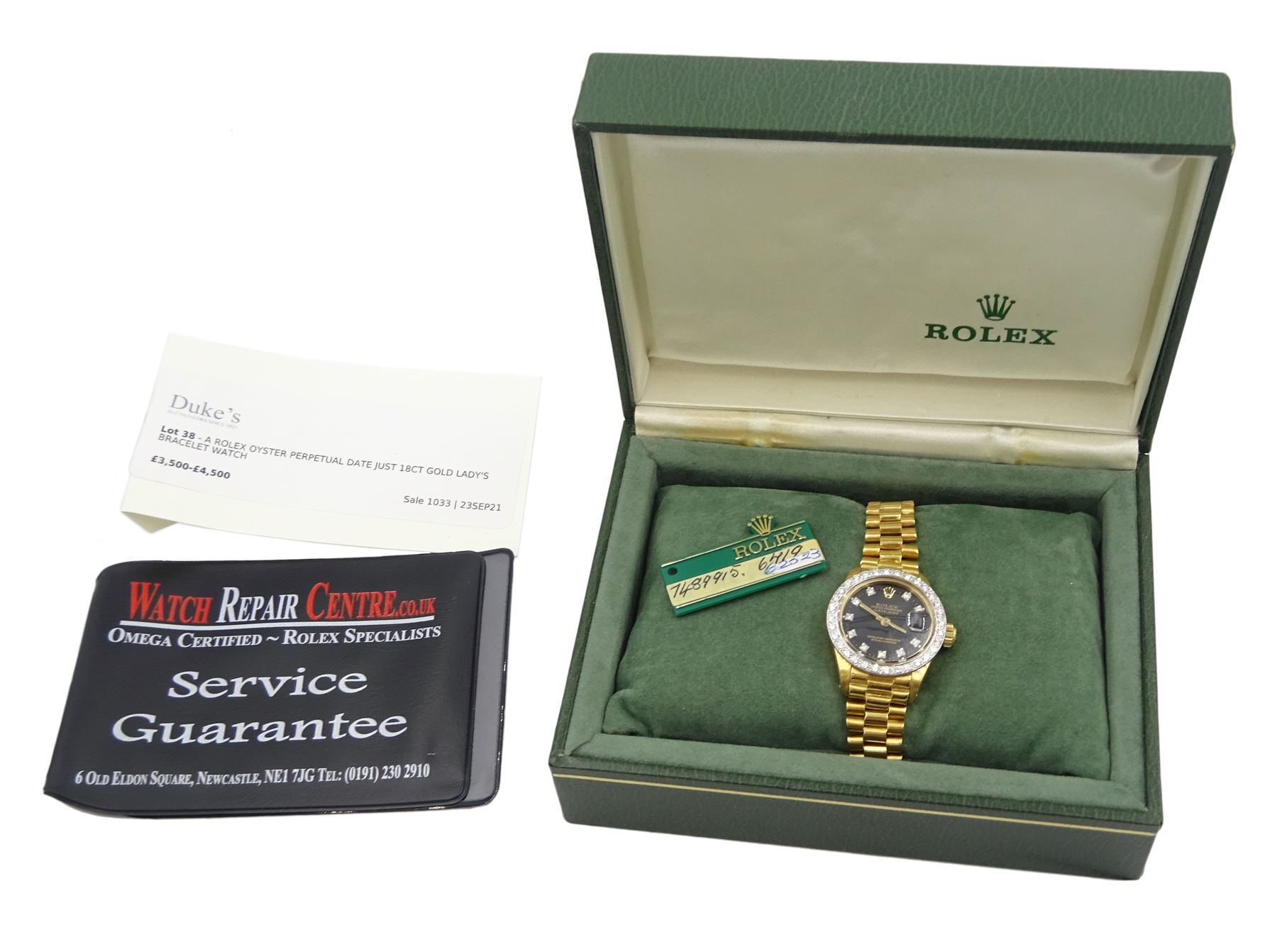 Rolex Oyster Perpetual Datejust ladies 18ct gold automatic wristwatch, circa 1978, diamond wristwatch, Ref. 6913, serial No. 5567968, black diamond dot dial and diamond bezel,  on 18ct gold president bracelet with fold-over clasp, boxed with Watch Repair Centre certificate dated 2021