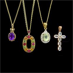 Four 9ct gold stone set pendants including amethyst and white topaz cross, three on 9ct gold chain necklaces