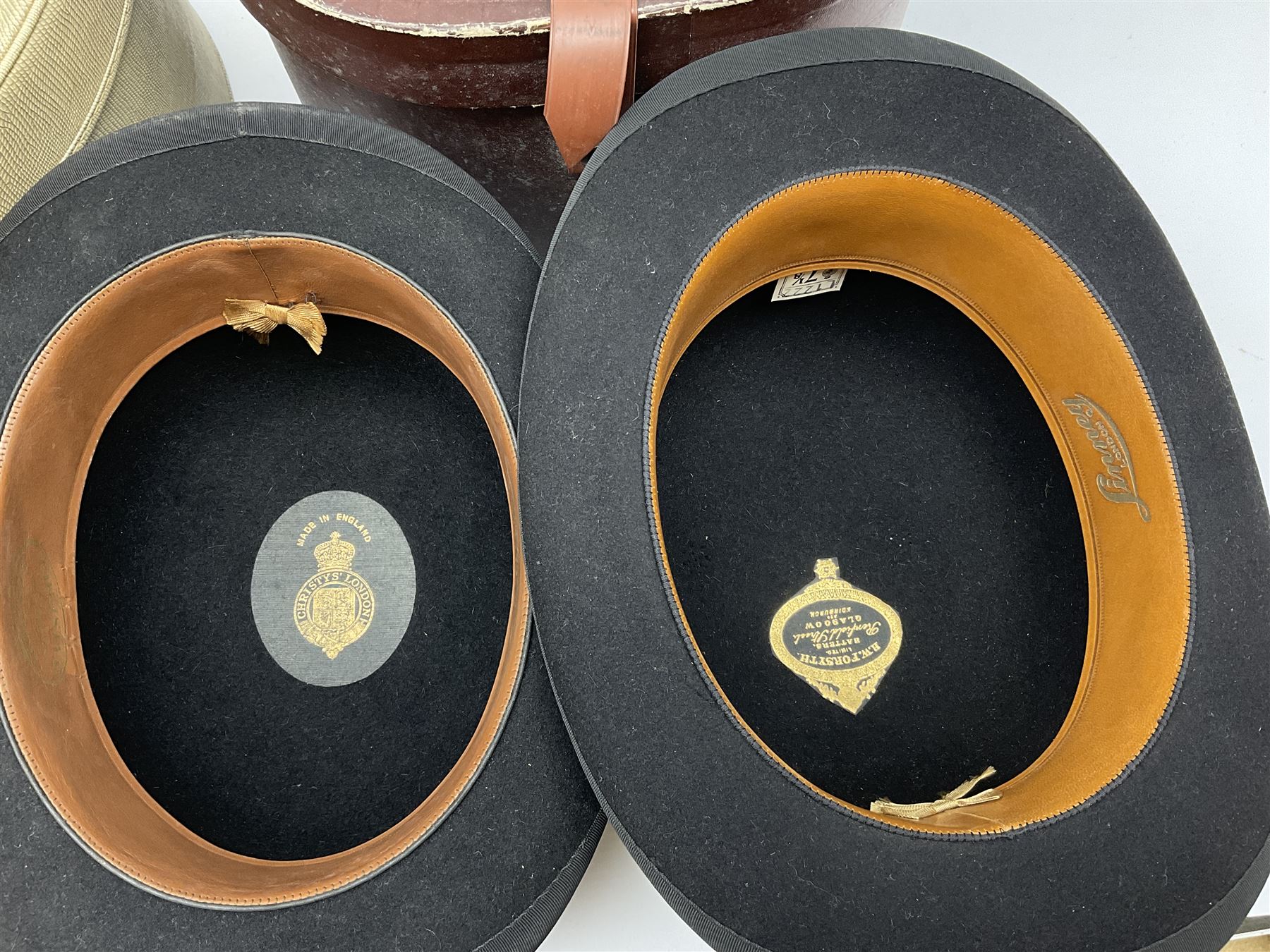 Grey homburg hat  C A Dunn & Co bowler hat, Christy's London,  bowler hat R W Forsyth, Antler hat box with handle, L32, D17cm, Small hat box L28cm, D17cm. 