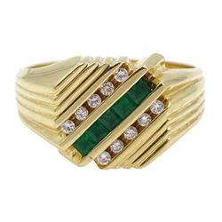 Gold square cut emerald and round brilliant cut diamond three row signet ring, stamped 14KT