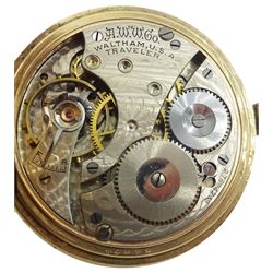 Early 20th century gold-plated full hunter keyless lever presentation Traveler pocket watch by Waltham U.S.A, No. 27694239, white enamel dial with Roman numerals and subsidiary seconds dial